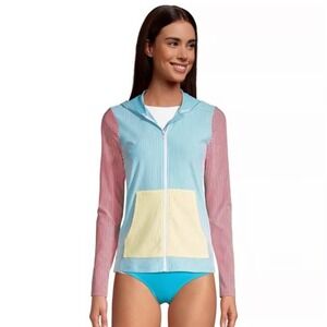 Lands End‎ Women Rash Guard Zip Hoody Sun Protective Swim Shirt Blue Stripe XS